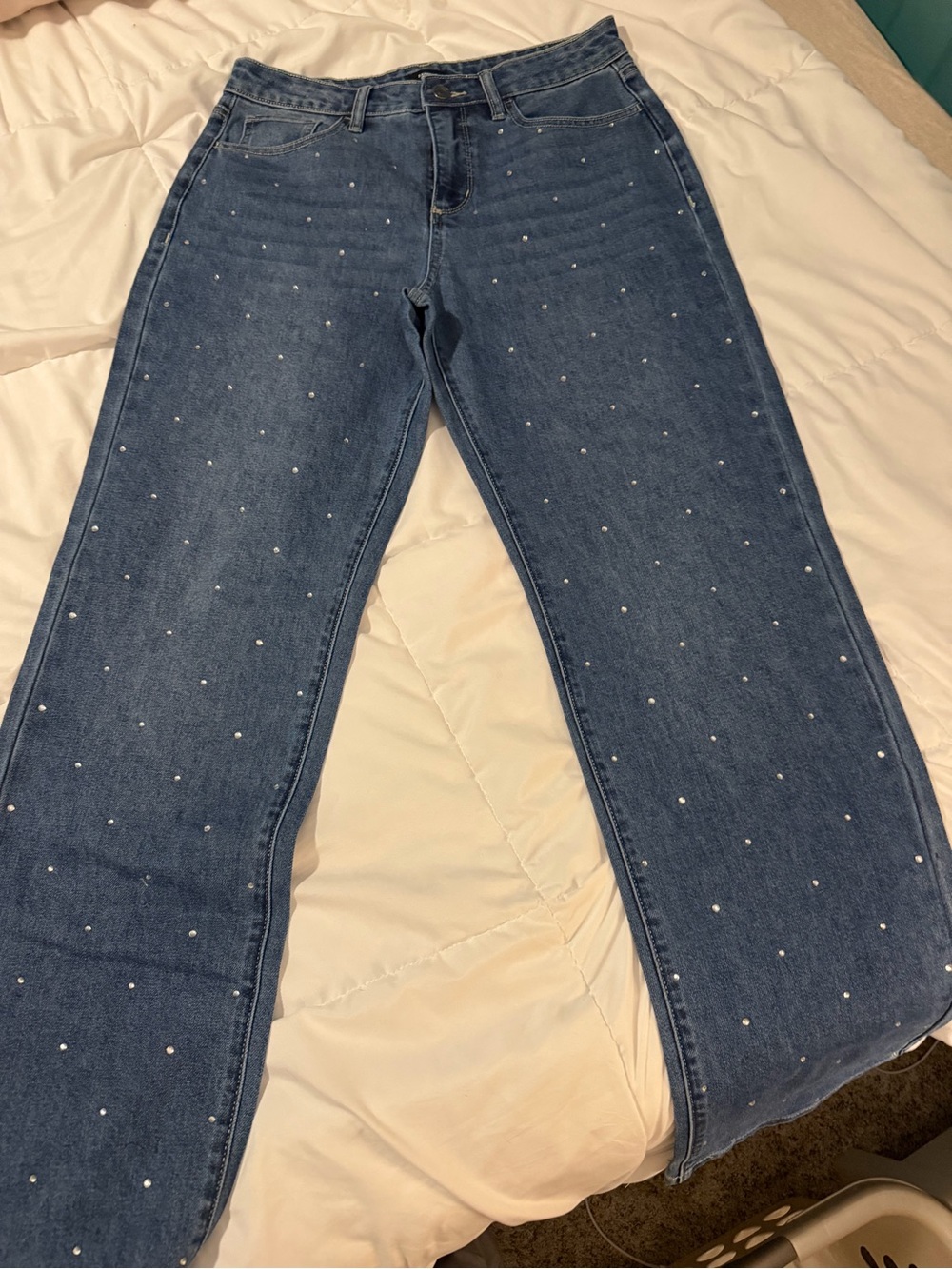 Express Dark Blue Straight-Leg Jeans with Pearl Studs